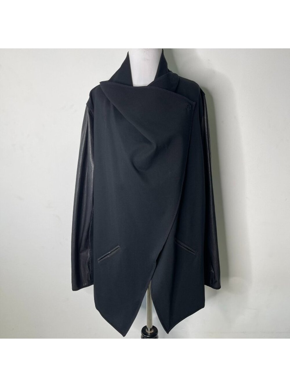 SPANX Black Faux Leather Sleeve Drape Front Jacket Womens Size 1X